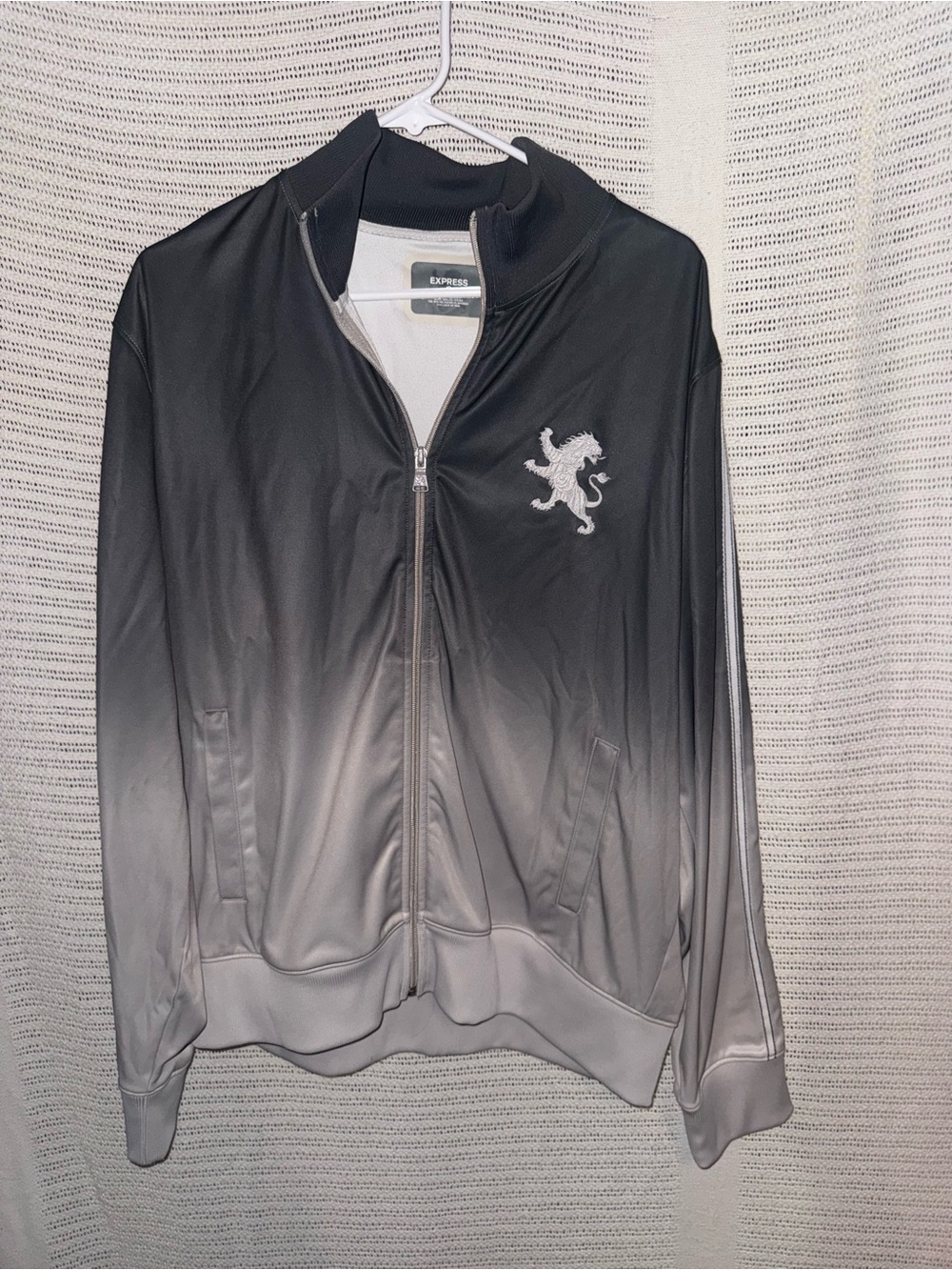 Express Men's Black to Gray Ombre Track Jacket with White Lion Emblem